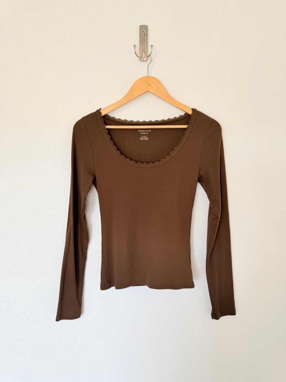 American Eagle Outfitters Chocolate Brown Ribbed Long-Sleeve Scoop Top